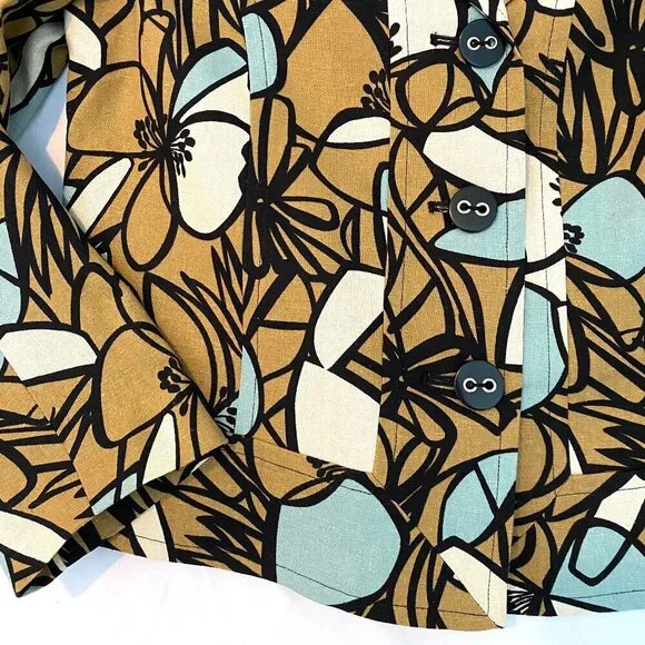 R.Q.T. OASIS Women's 8 Petite linen blend blazer blue black tan wearable art - Picture 4 of 10